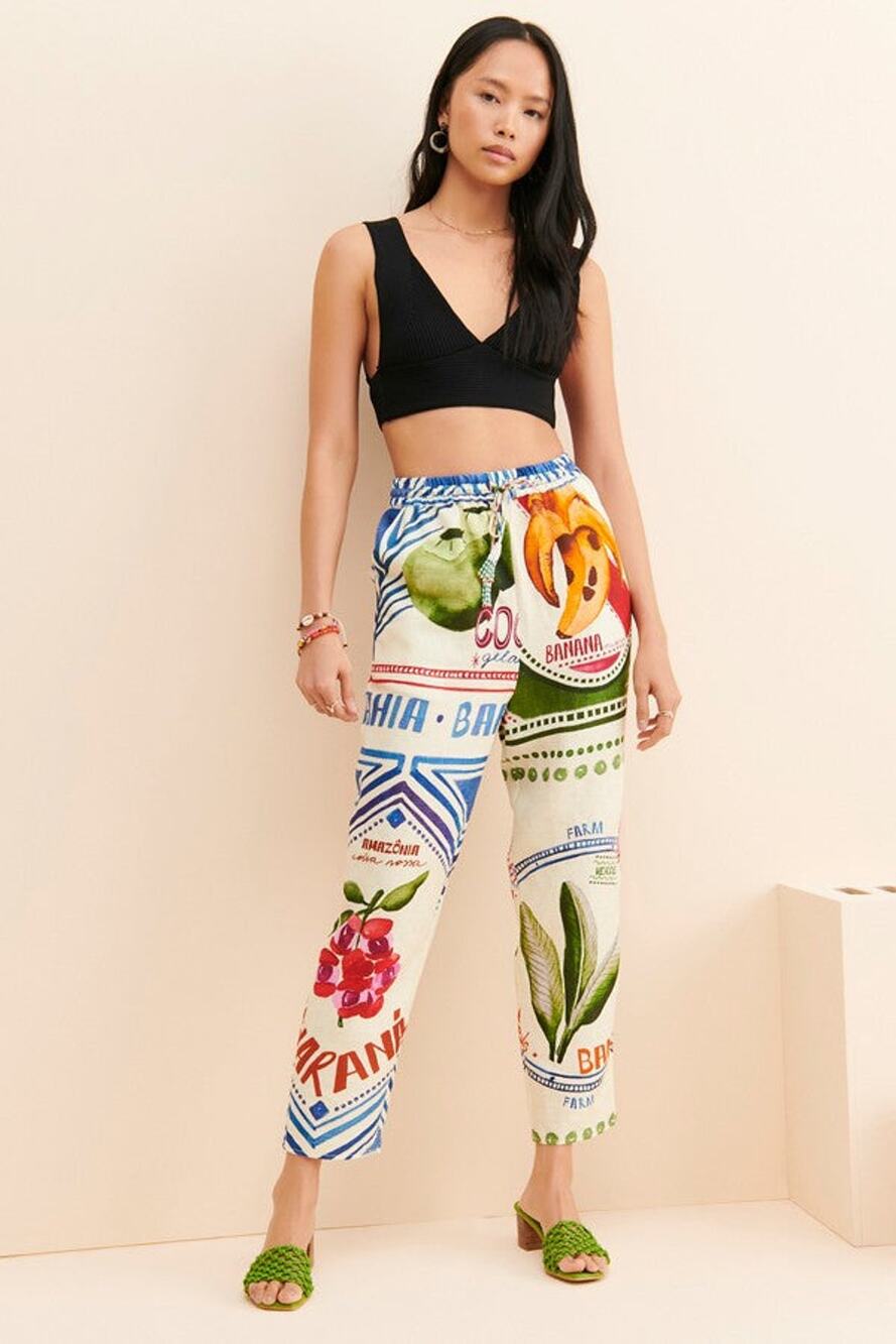 Farm Rio Our Stamps Linen Straight Leg Pants - S